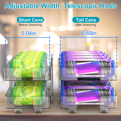 Adjustable Soda Can Organizer 2-Pack with Auto-Rolling Dispenser