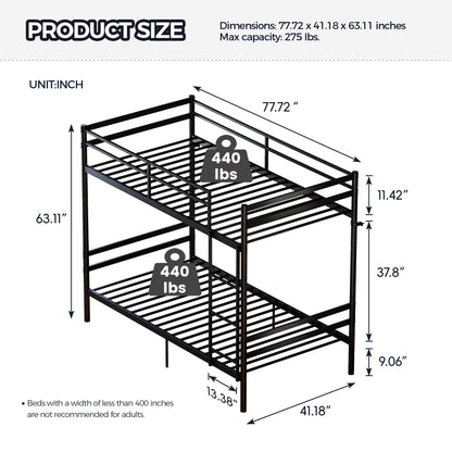 Twin Over Twin Metal Bunk Bed with Ladder and Guardrails