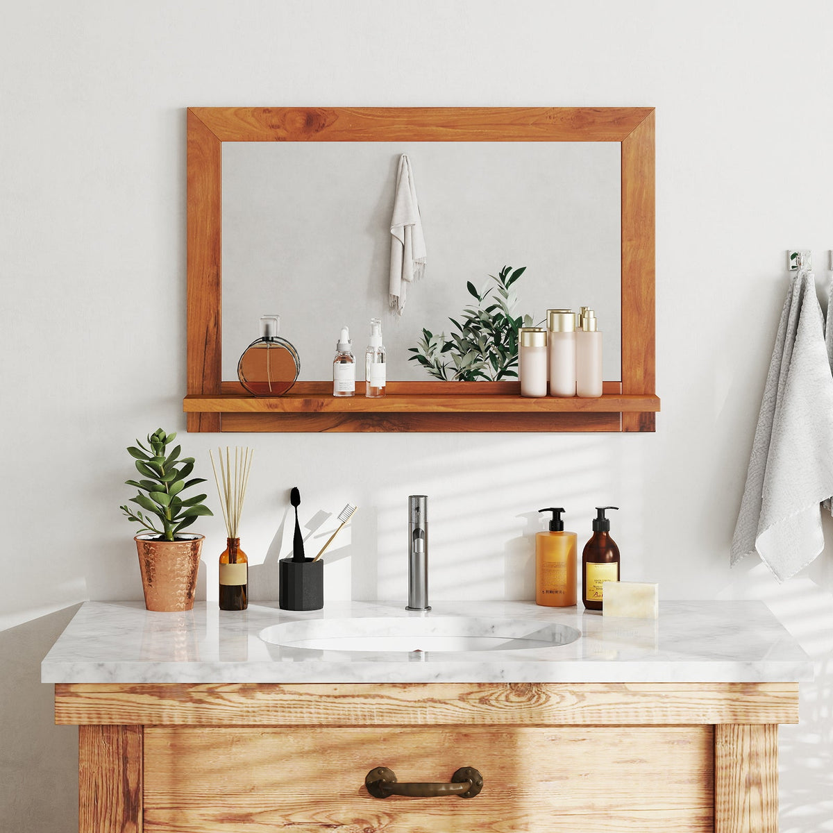 Farmhouse Wall Mirror with Shelf and Teak Wood Frame