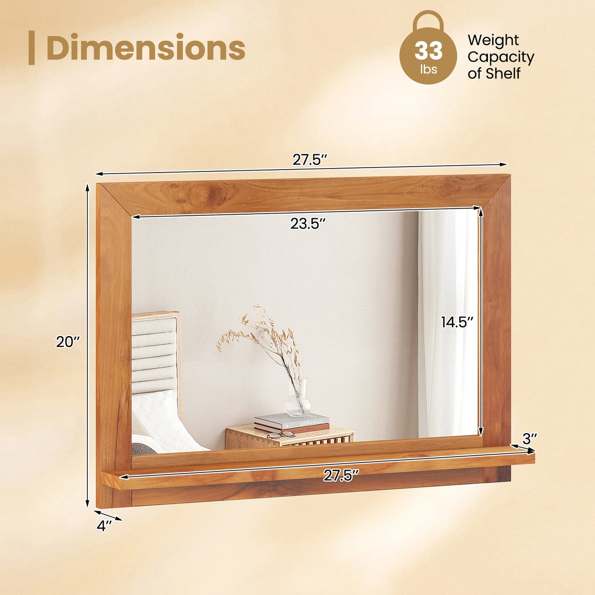 Farmhouse Wall Mirror with Shelf and Teak Wood Frame