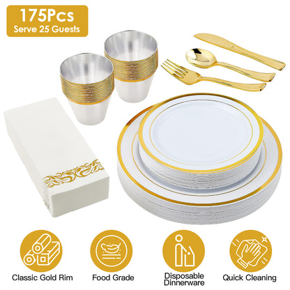 Disposable Gold Rim Dinnerware Set - 175 Pieces for 25 Guests