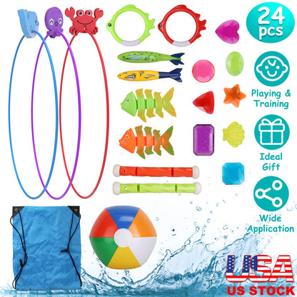 Swimming Pool Diving Toys Set - 24 Pieces with Storage Bag