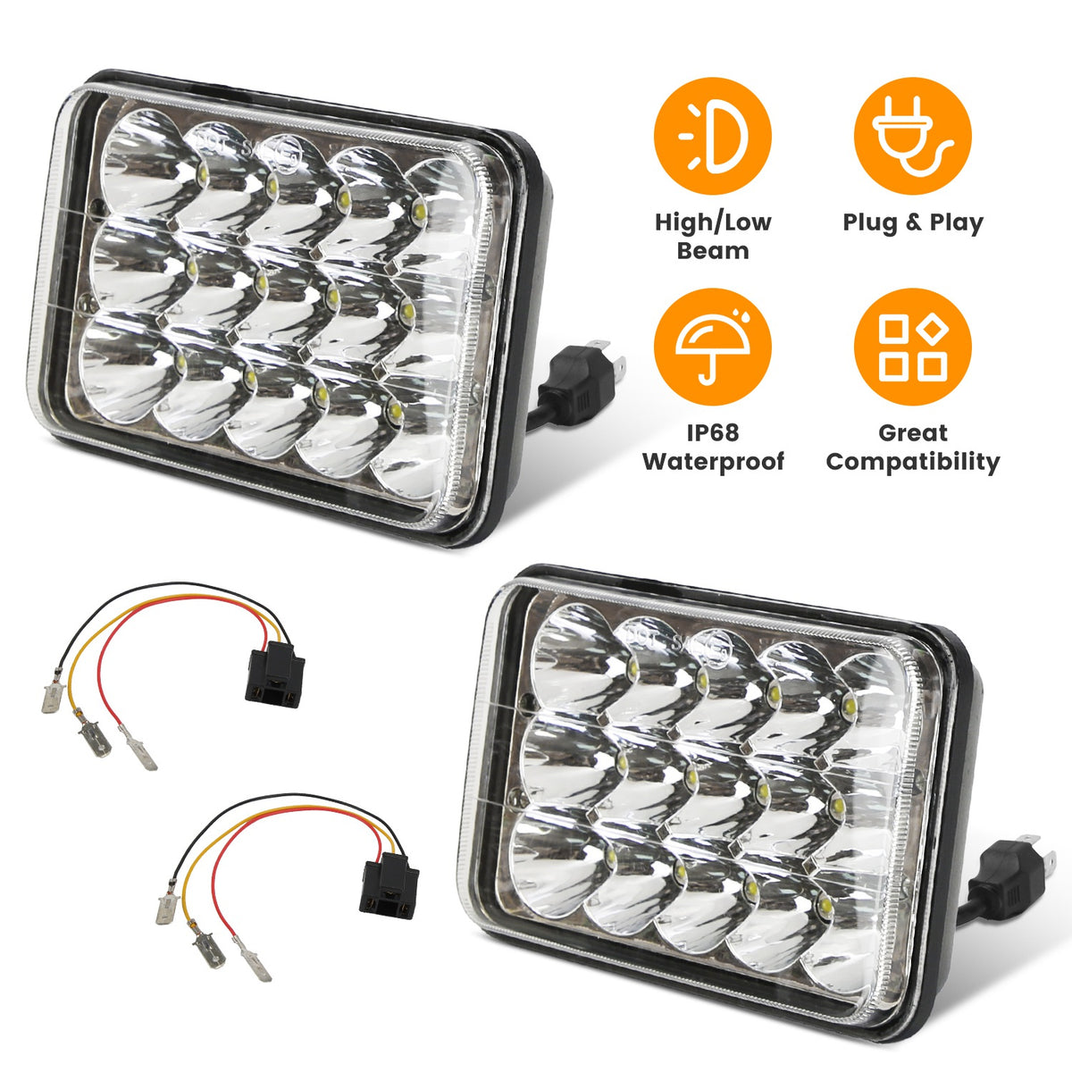 4x6 Inch LED Headlights with High/Low Beam for Cars & Trucks