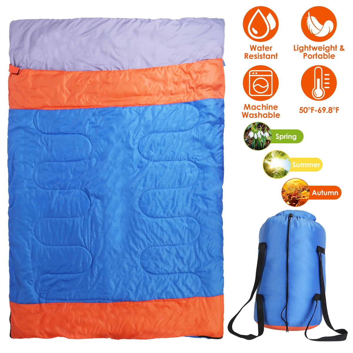 Double Sleeping Bag for 2-3 People - Water Resistant Cotton