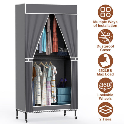 2-Tier Portable Clothing Rack with Cover and Wheels