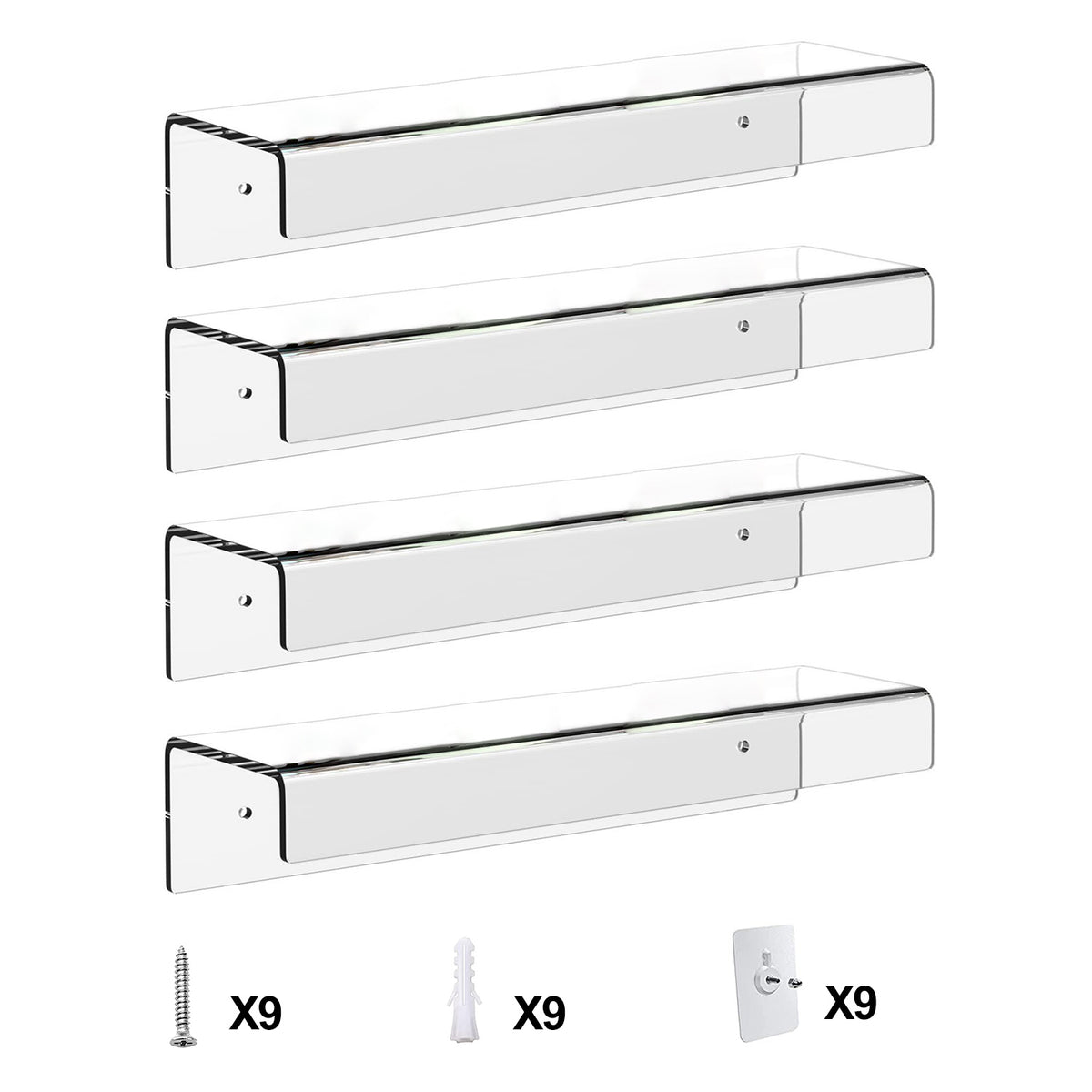 Clear Acrylic Floating Shelves 4 Pack - 15 Inch Wall Mounted