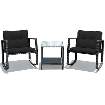 3-Piece Patio Rocking Chair Set with Cushions & Glass Table