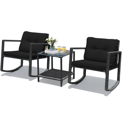 3-Piece Patio Rocking Chair Set with Cushions & Glass Table