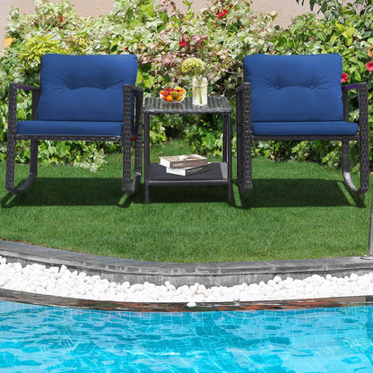 3-Piece Patio Rocking Chair Set with Cushions & Glass Table