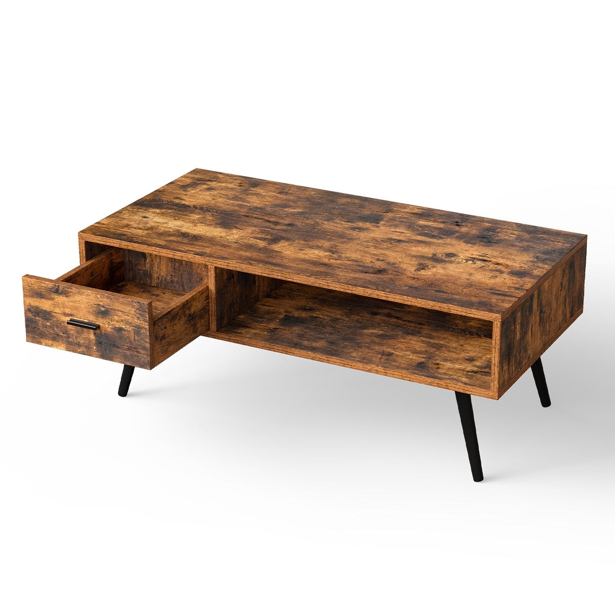 Retro Rectangular Coffee Table with Drawer and Storage Shelf-Rustic Brown
