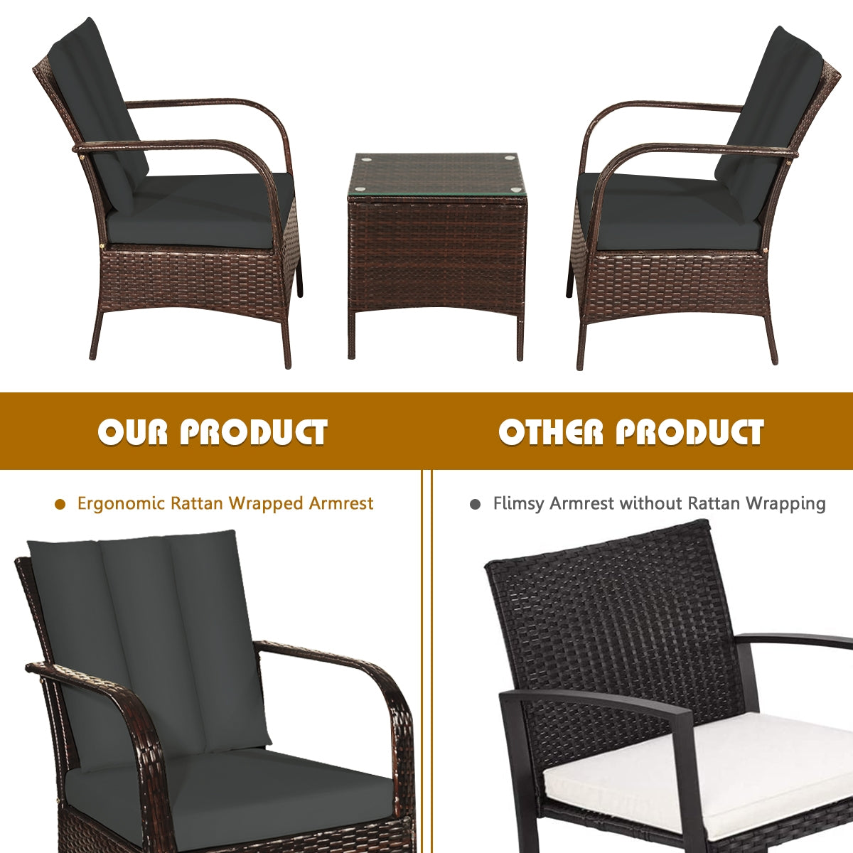 3 Pcs Patio Conversation Rattan Furniture Set with Glass Top Coffee Table and Cushions