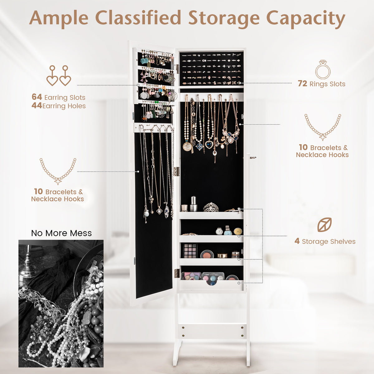 Standing Jewelry Cabinet with Mirror 56" Tall Storage Armoire