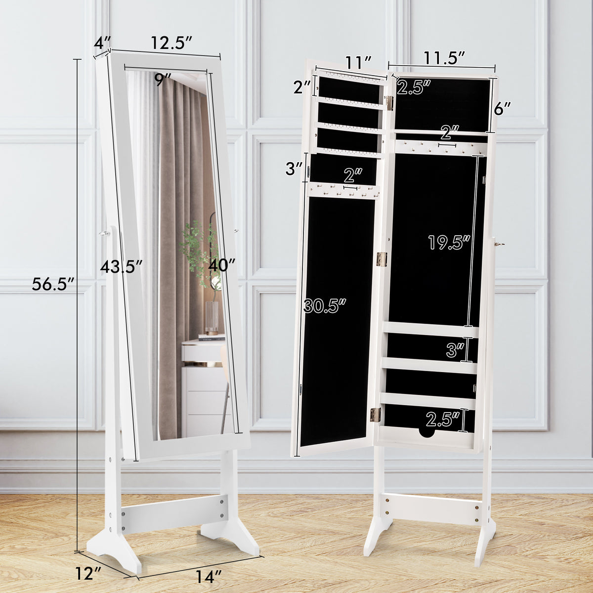 Standing Jewelry Cabinet with Mirror 56" Tall Storage Armoire