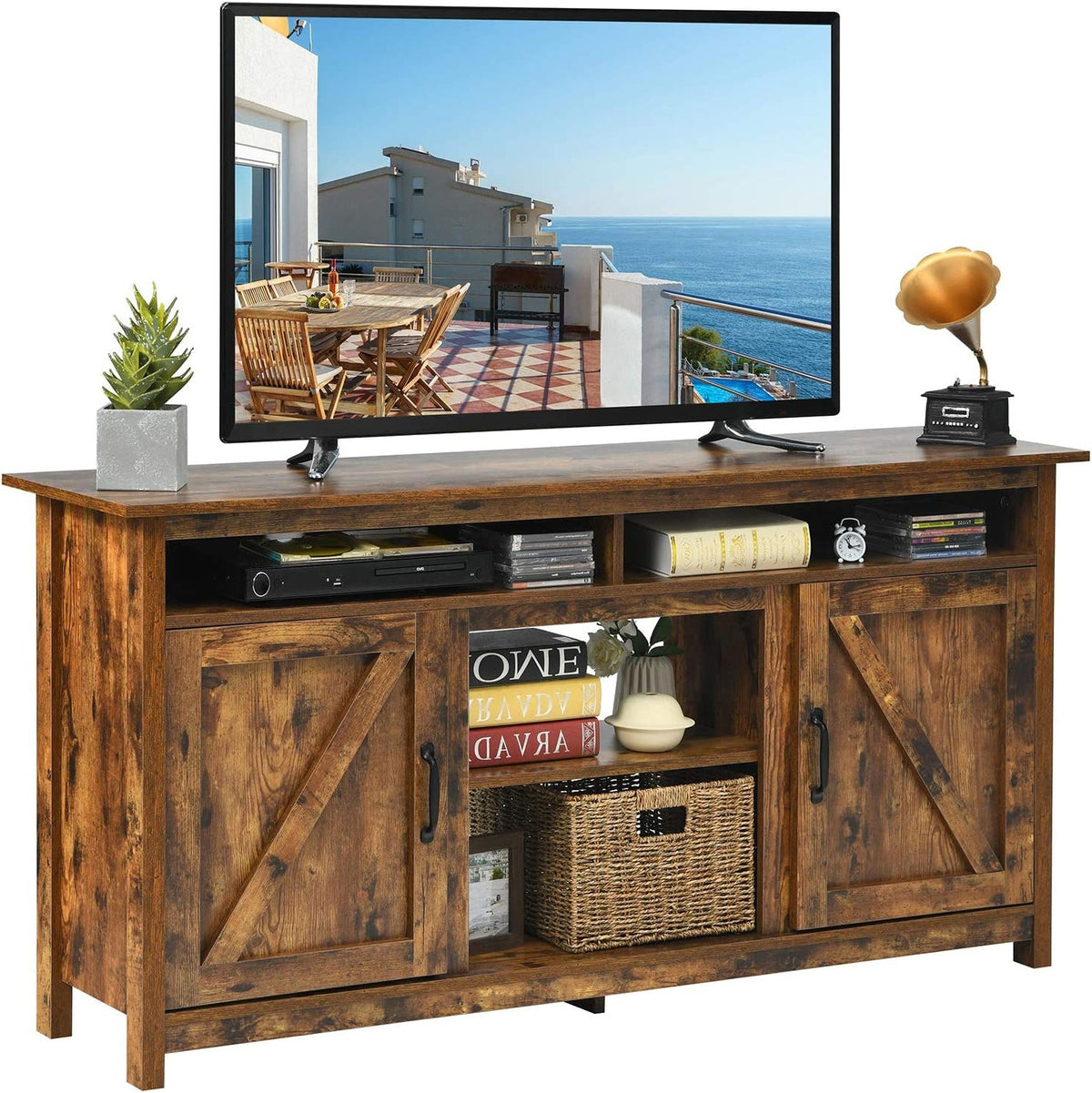 60”Industrial TV Stand Entertainment Center with Shelve and Cabinet-Brown