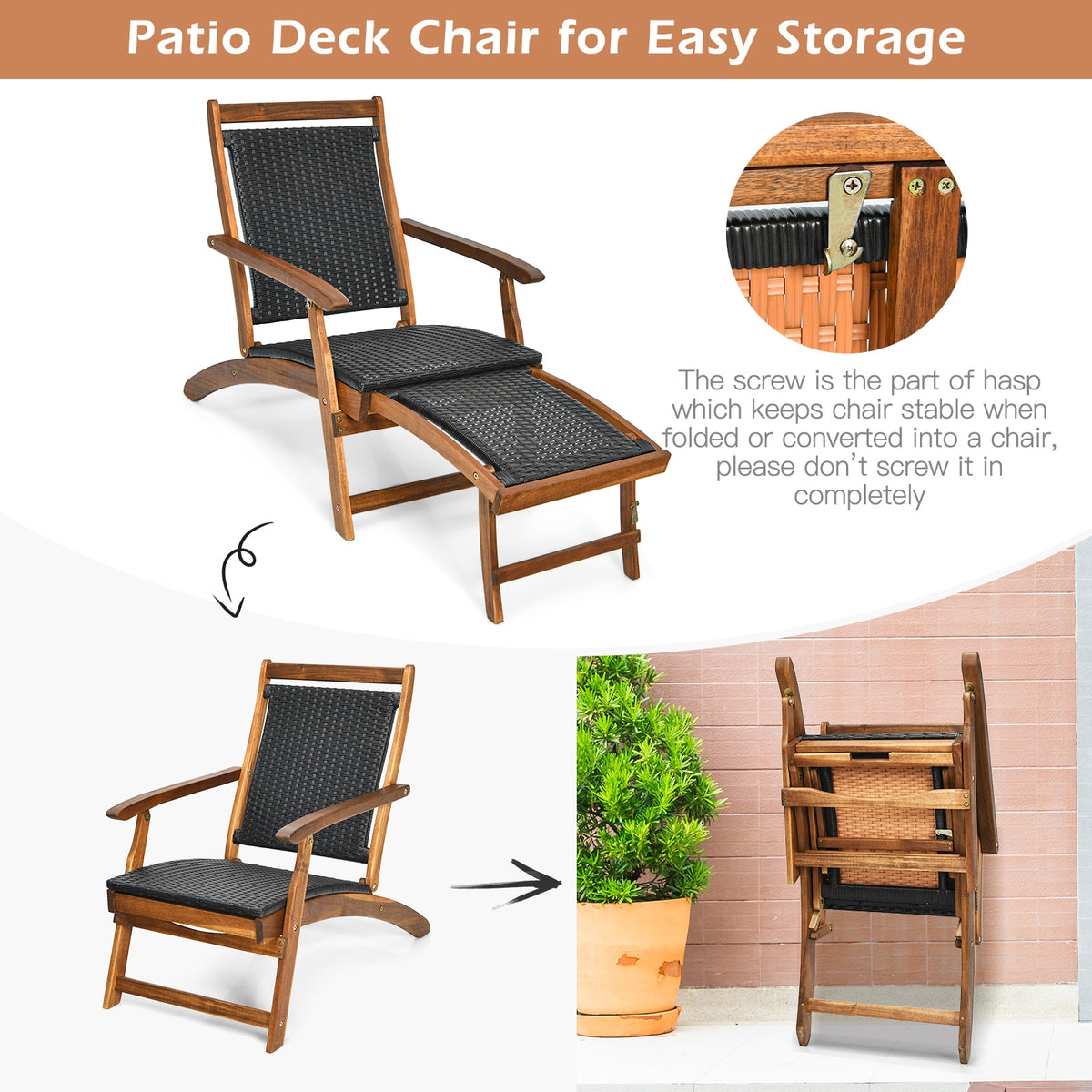 Folding Rattan Lounge Chair with Acacia Wood Frame