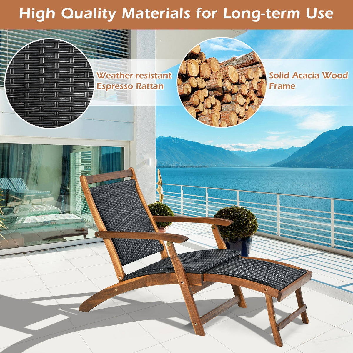 Folding Rattan Lounge Chair with Acacia Wood Frame