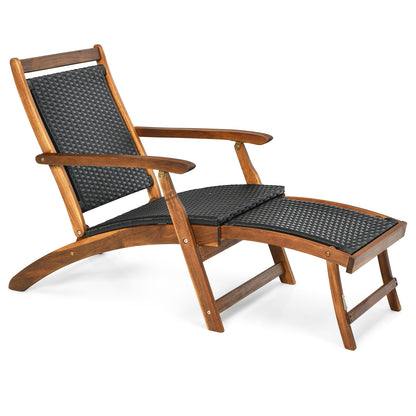 Folding Rattan Lounge Chair with Acacia Wood Frame