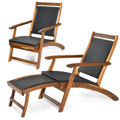 Folding Rattan Lounge Chair with Acacia Wood Frame