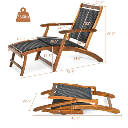 Folding Rattan Lounge Chair with Acacia Wood Frame