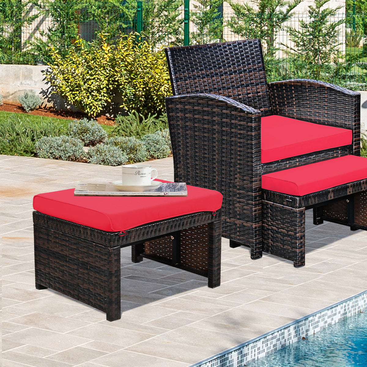 Patio Rattan Ottomans Set of 2 with Soft Cushions