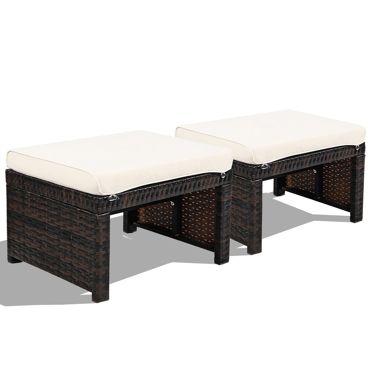 Patio Rattan Ottomans Set of 2 with Soft Cushions