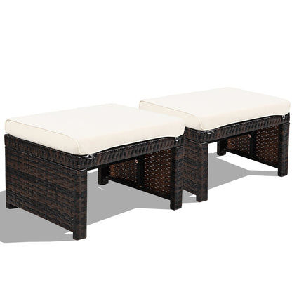 Patio Rattan Ottomans Set of 2 with Soft Cushions