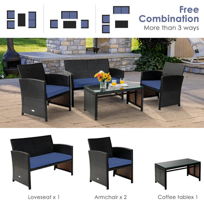 4 Pieces Patio Rattan Cushioned Furniture Set with Coffee Table-Black