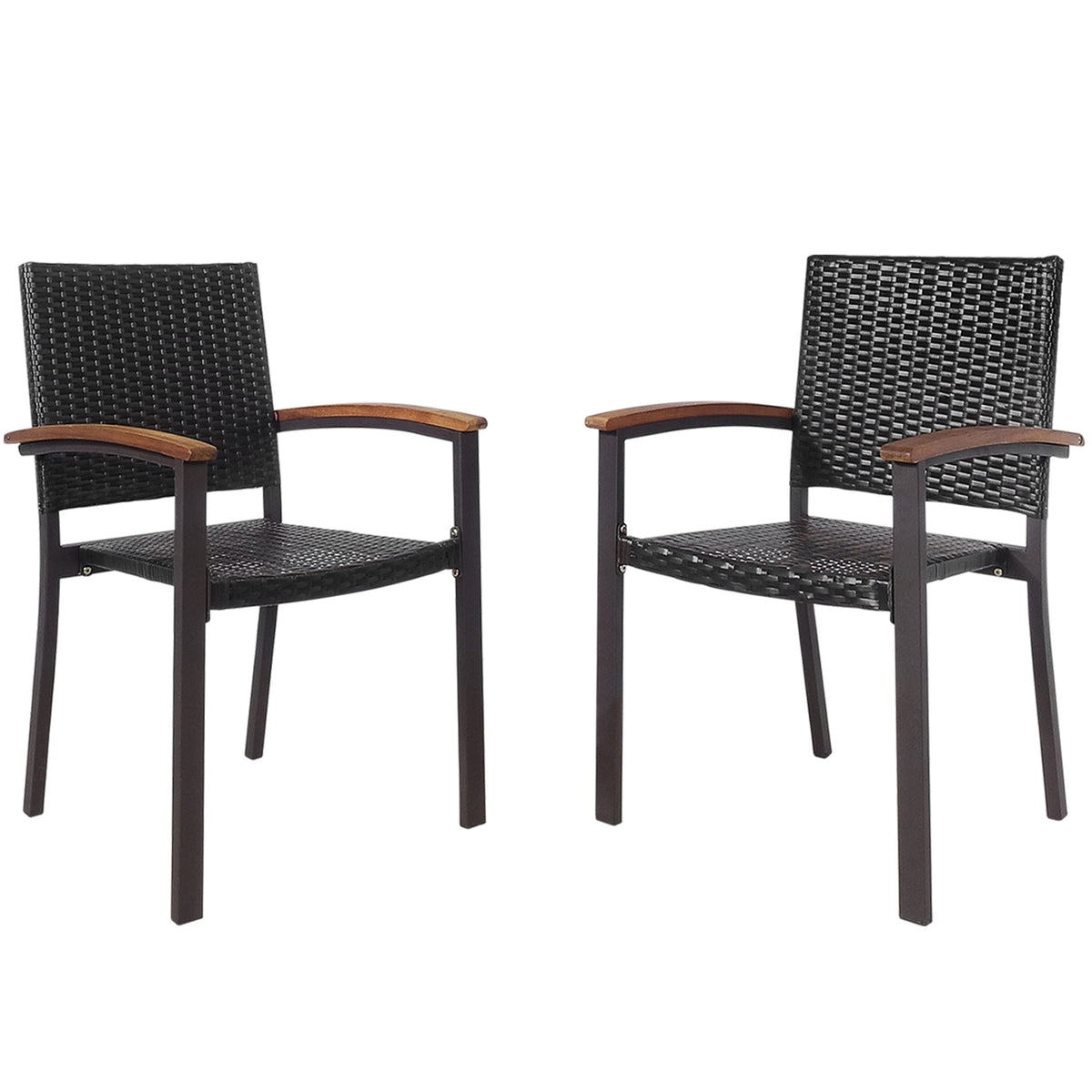Outdoor PE Rattan Dining Chairs with Acacia Armrests, Set of 2