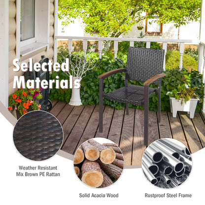 Outdoor PE Rattan Dining Chairs with Acacia Armrests, Set of 2