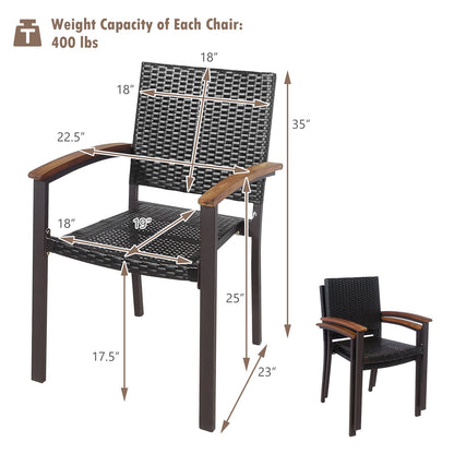 Outdoor PE Rattan Dining Chairs with Acacia Armrests, Set of 2