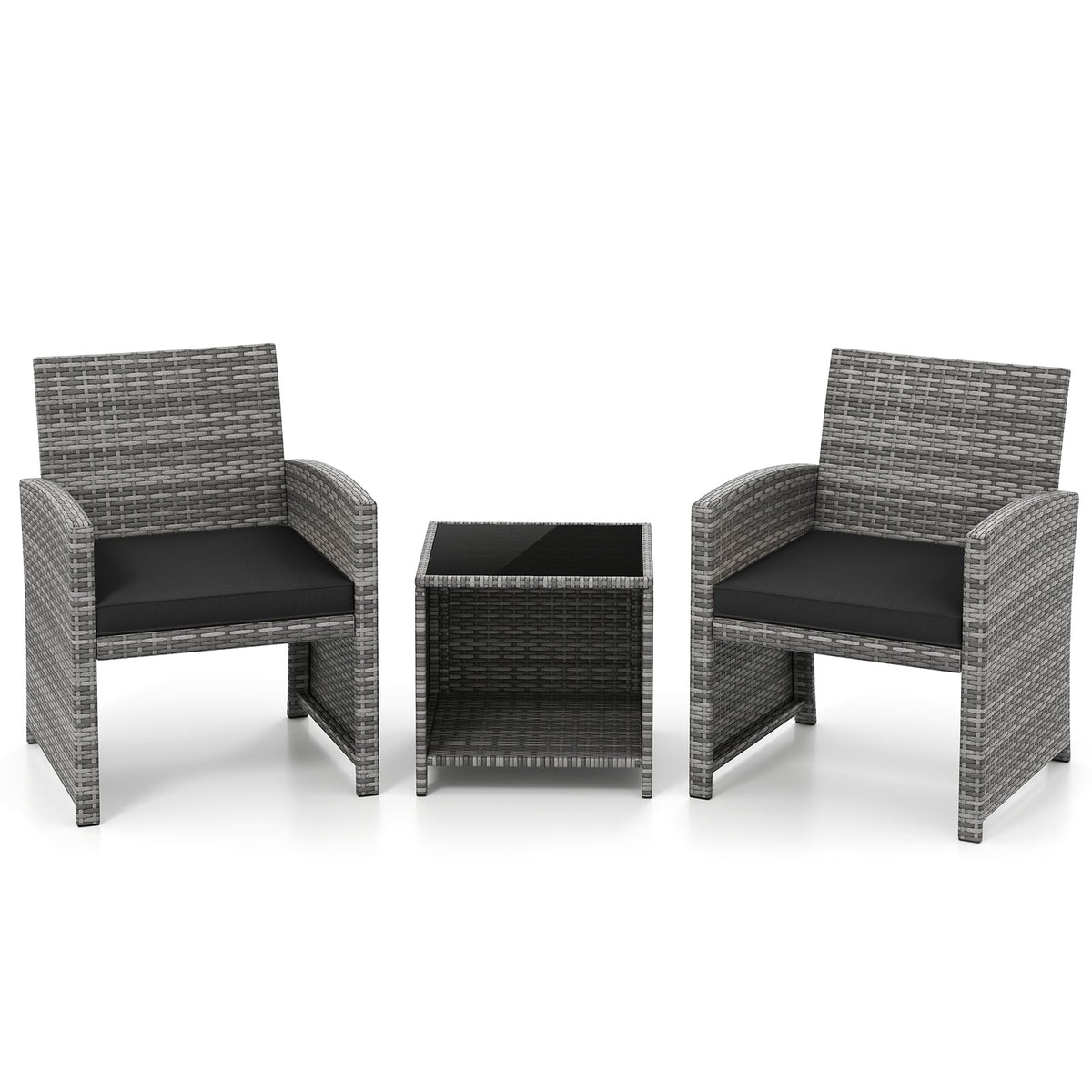 3 Pieces Patio Furniture Set with Tempered Glass Coffee Table and Soft Seat Cushions