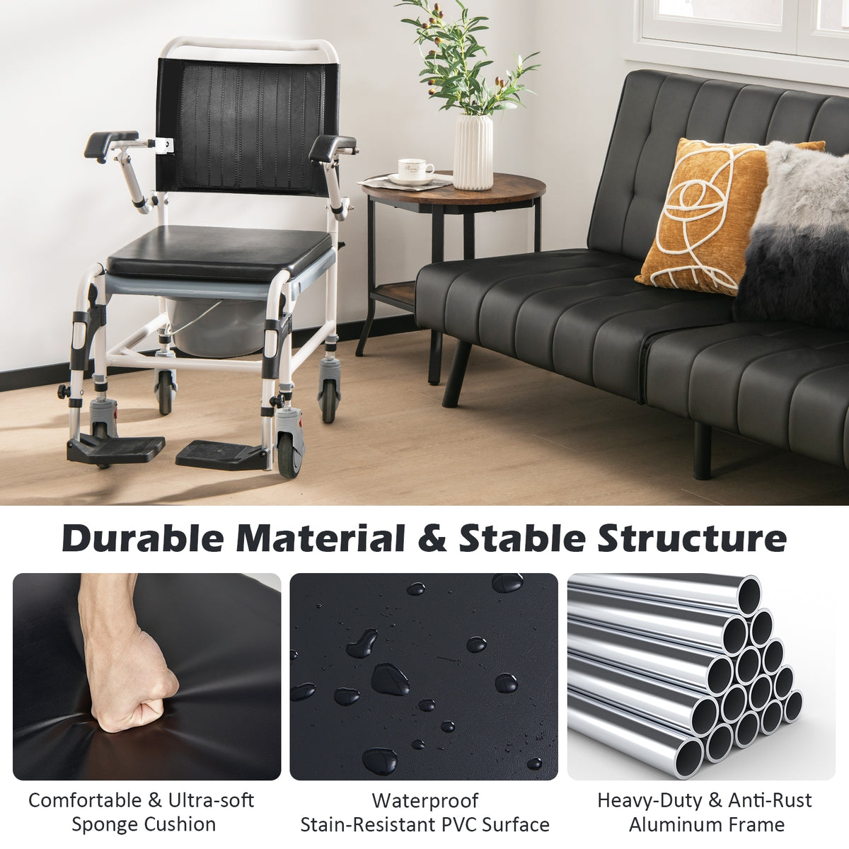 4-in-1 Bedside Commode Wheelchair with Detachable Bucket