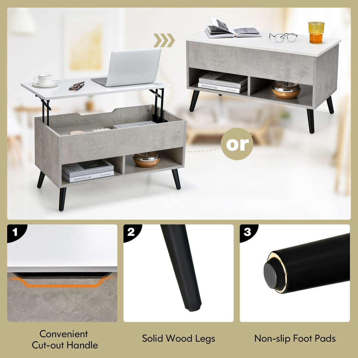 31.5 Inch Lift-Top Coffee Table with Hidden Storage and 2 Open Shelves