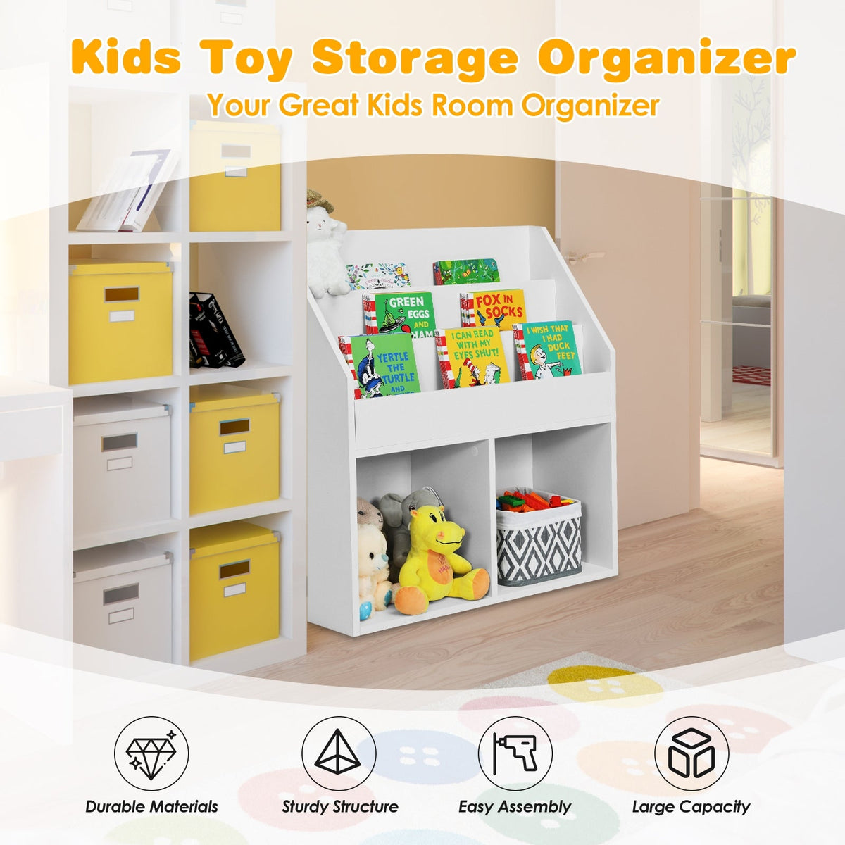 Kids Wooden Bookshelf Bookcase Children Toy Storage Cabinet Organizer-White