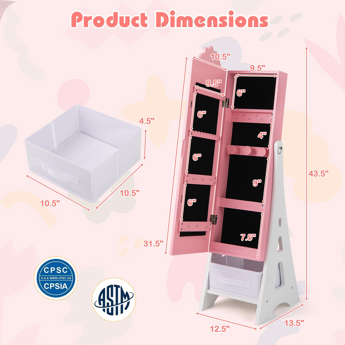 Kids Jewelry Cabinet with Full-Length Mirror and Foldable Drawer-Pink