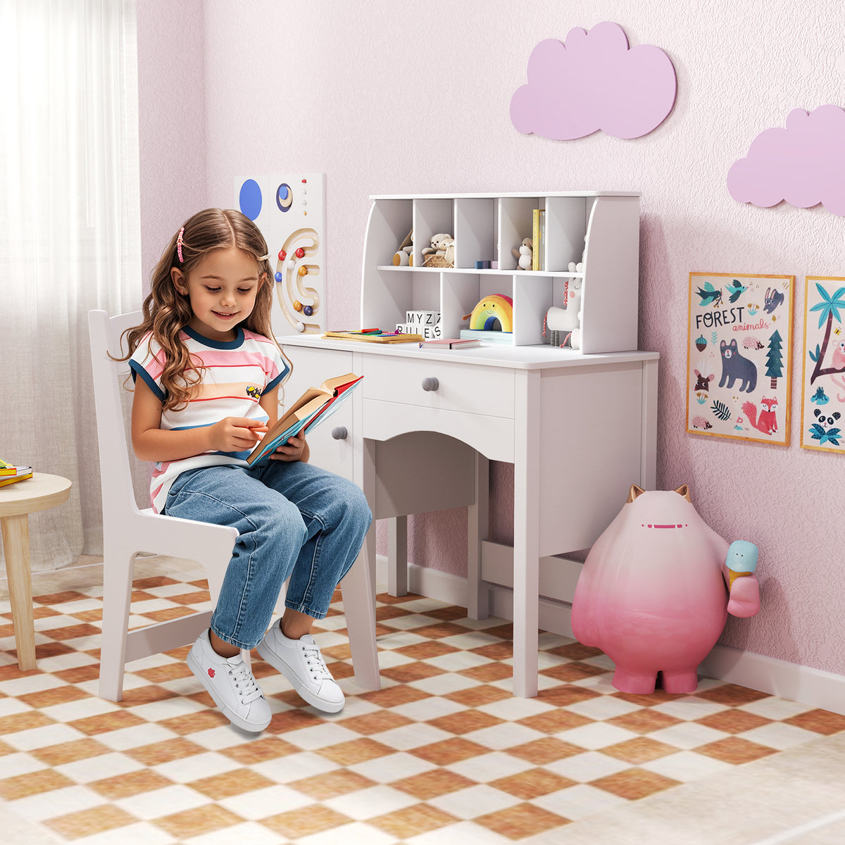 Kids Study Desk and Chair Set with Hutch and Storage Cabinet