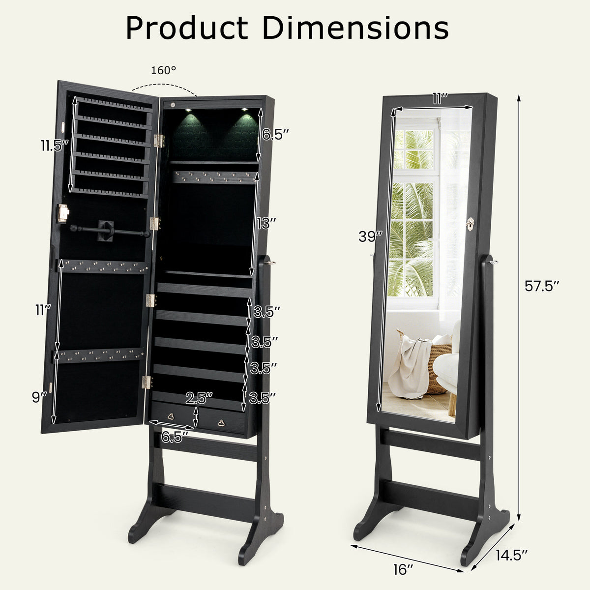 Jewelry Armoire with Full-Length Mirror and LED Lights