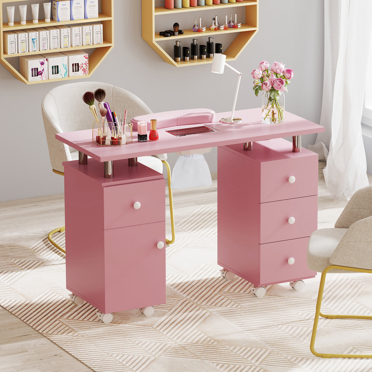 Manicure Table Nail Desk with Electric Dust Collector and 3 Dust Bags-Pink