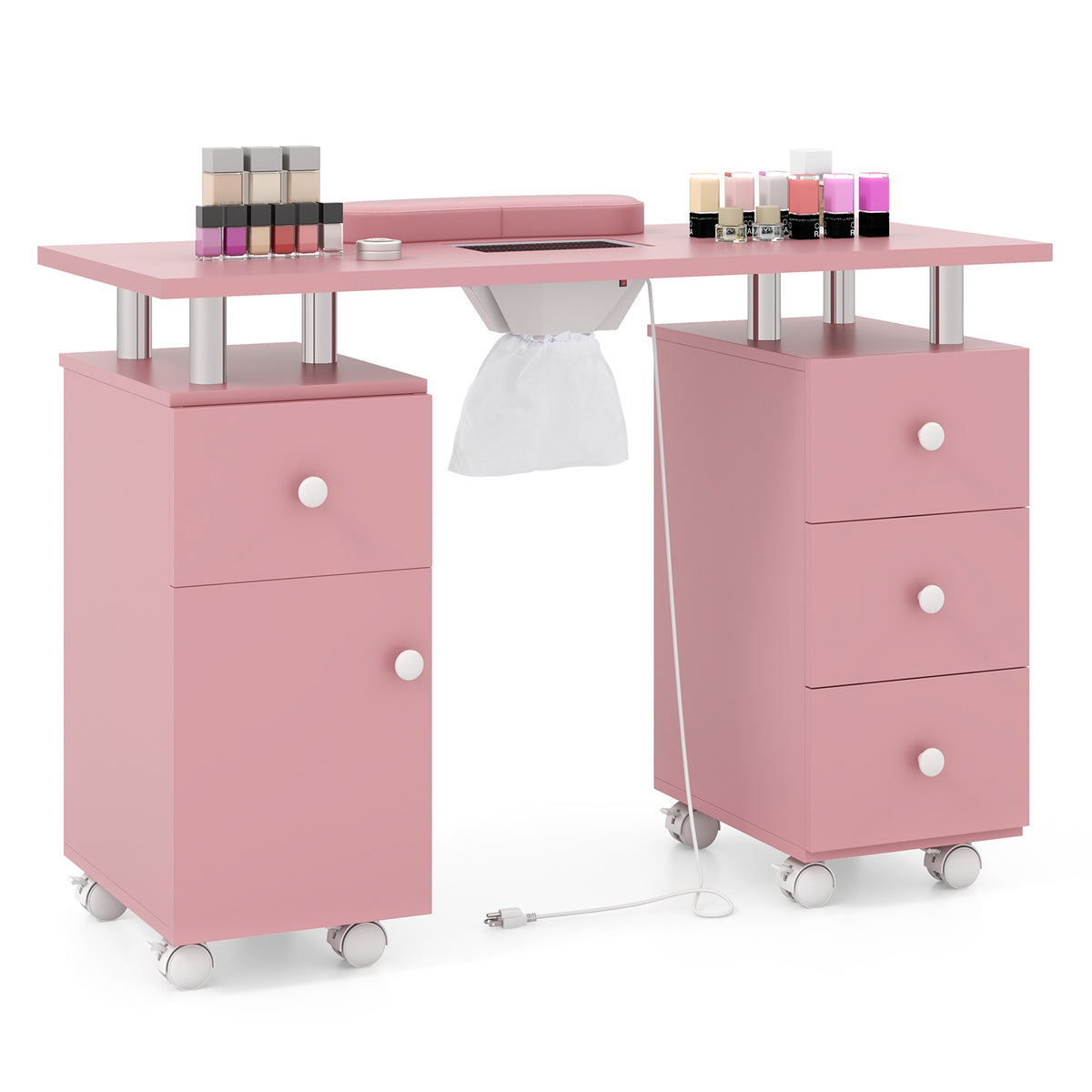 Manicure Table Nail Desk with Electric Dust Collector and 3 Dust Bags-Pink