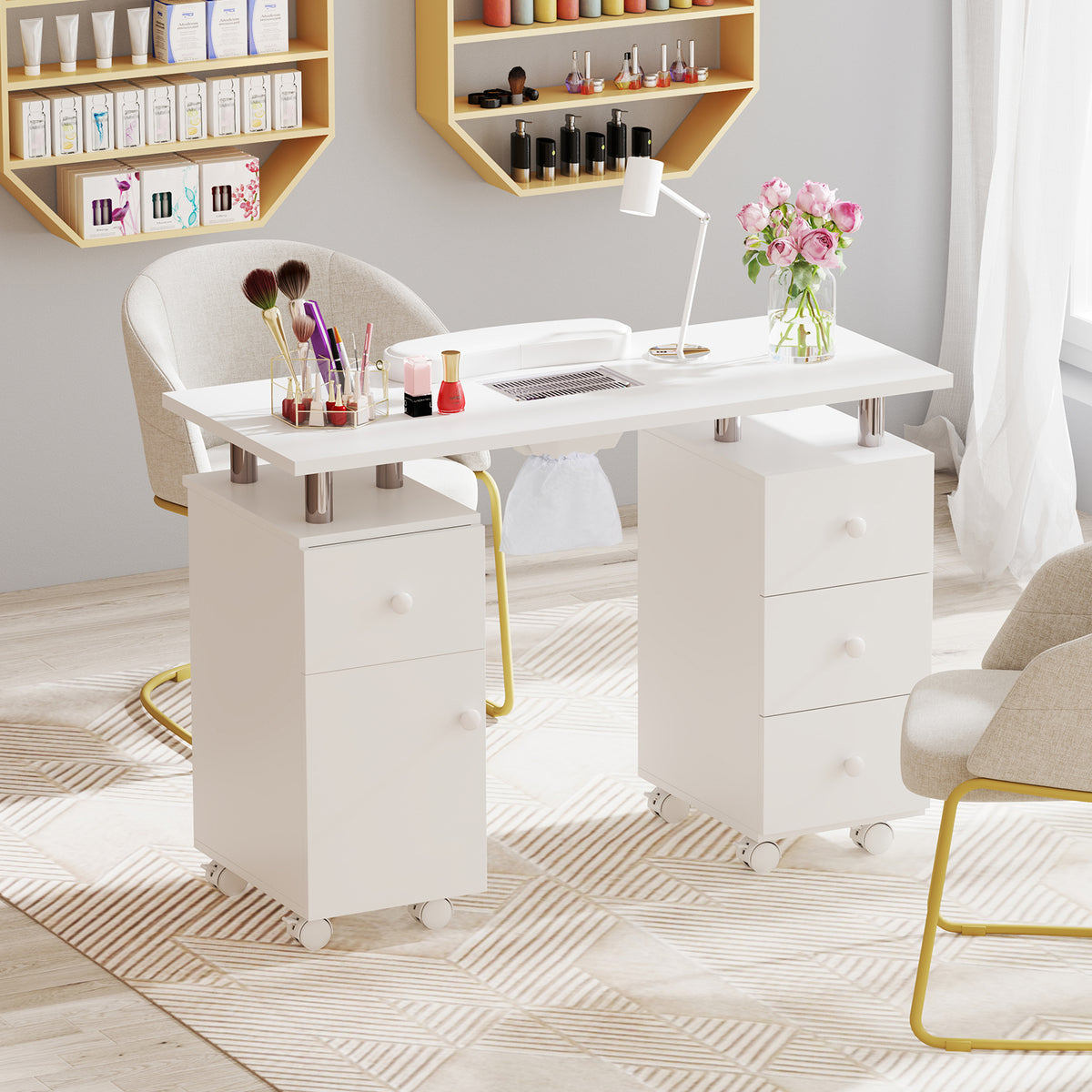 Manicure Table Nail Desk with Electric Dust Collector and 3 Dust Bags-White