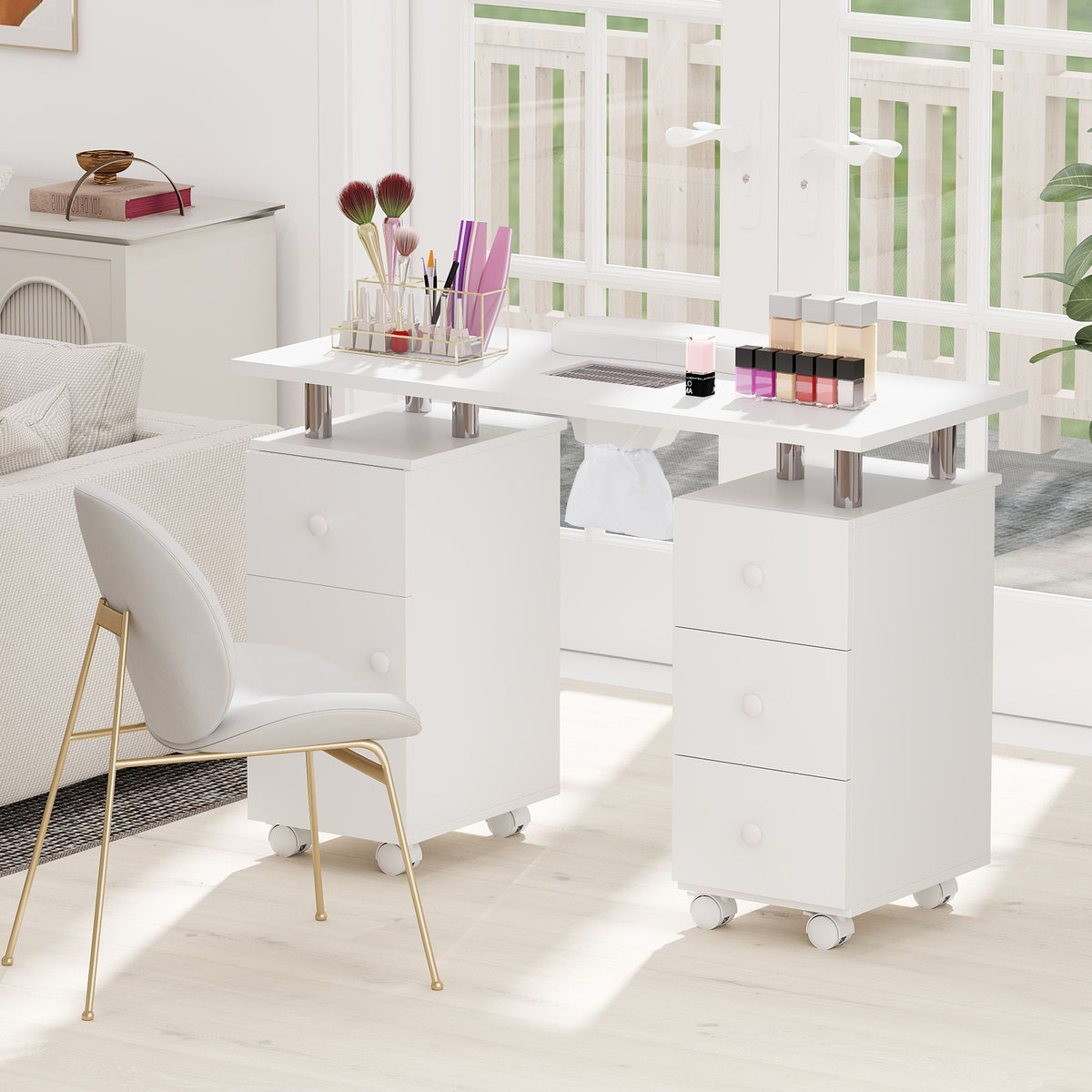 Manicure Table Nail Desk with Electric Dust Collector and 3 Dust Bags-White