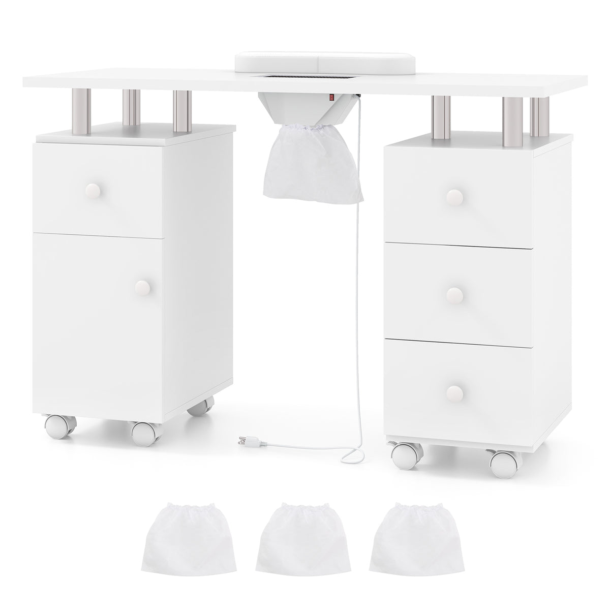 Manicure Table Nail Desk with Electric Dust Collector and 3 Dust Bags-White