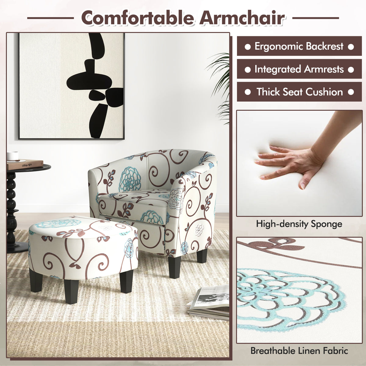 Accent Tub Chair and Ottoman Set with Fabric Upholstery