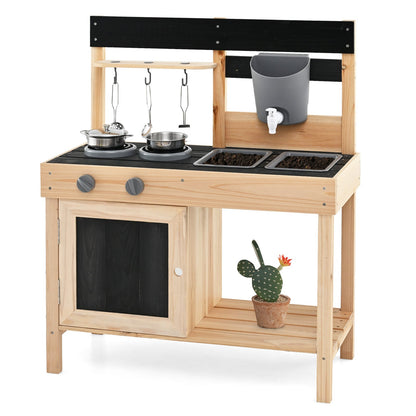 Mud Kitchen Playset Kids Play Kitchen Outdoor with 2 Removable Sinks-Natural