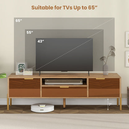 Mirrored TV Stand for TV up to 65 Inch with Spacious Tabletop and 2 Storage Cabinets-Natural