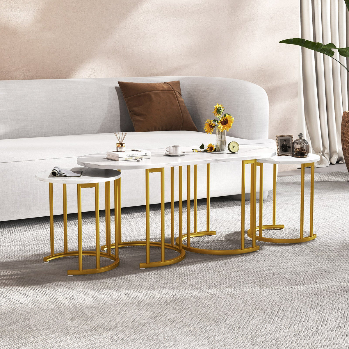 Nesting Coffee Table Set of 3 with Faux Marble Tabletop and Powder-coated Gold Metal Frame-White