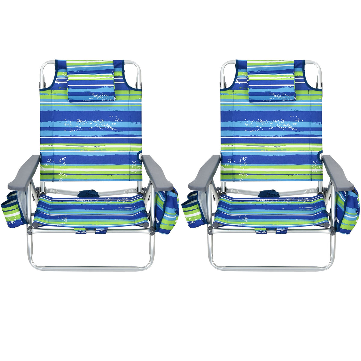 Folding Beach Chair 2-Pack with 5-Position Backrest & Pillow