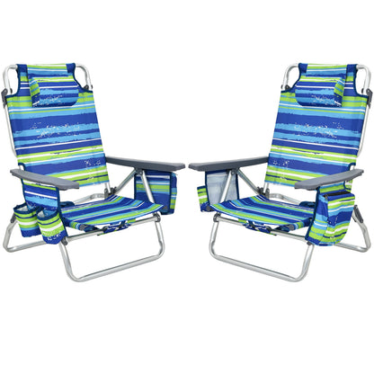 Folding Beach Chair 2-Pack with 5-Position Backrest & Pillow