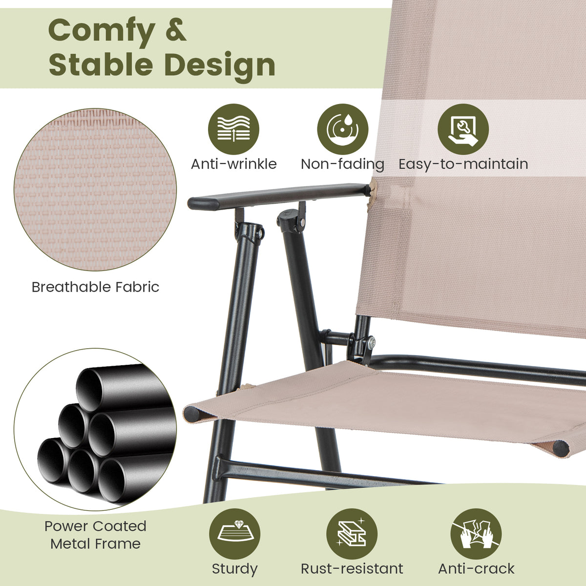 Folding Bar-Height Patio Chairs with Armrests, Set of 2
