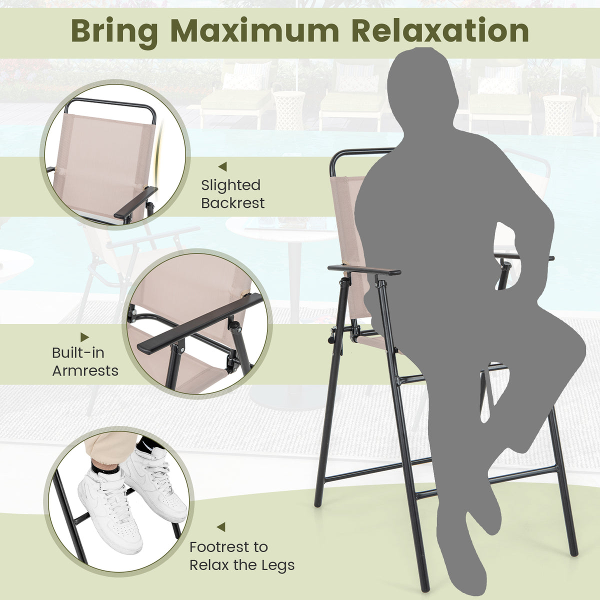 Folding Bar-Height Patio Chairs with Armrests, Set of 2